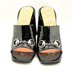 Gucci Lexi 105 Black Patent Horsebit Backless Sandal Mule Block Heel Pump 37